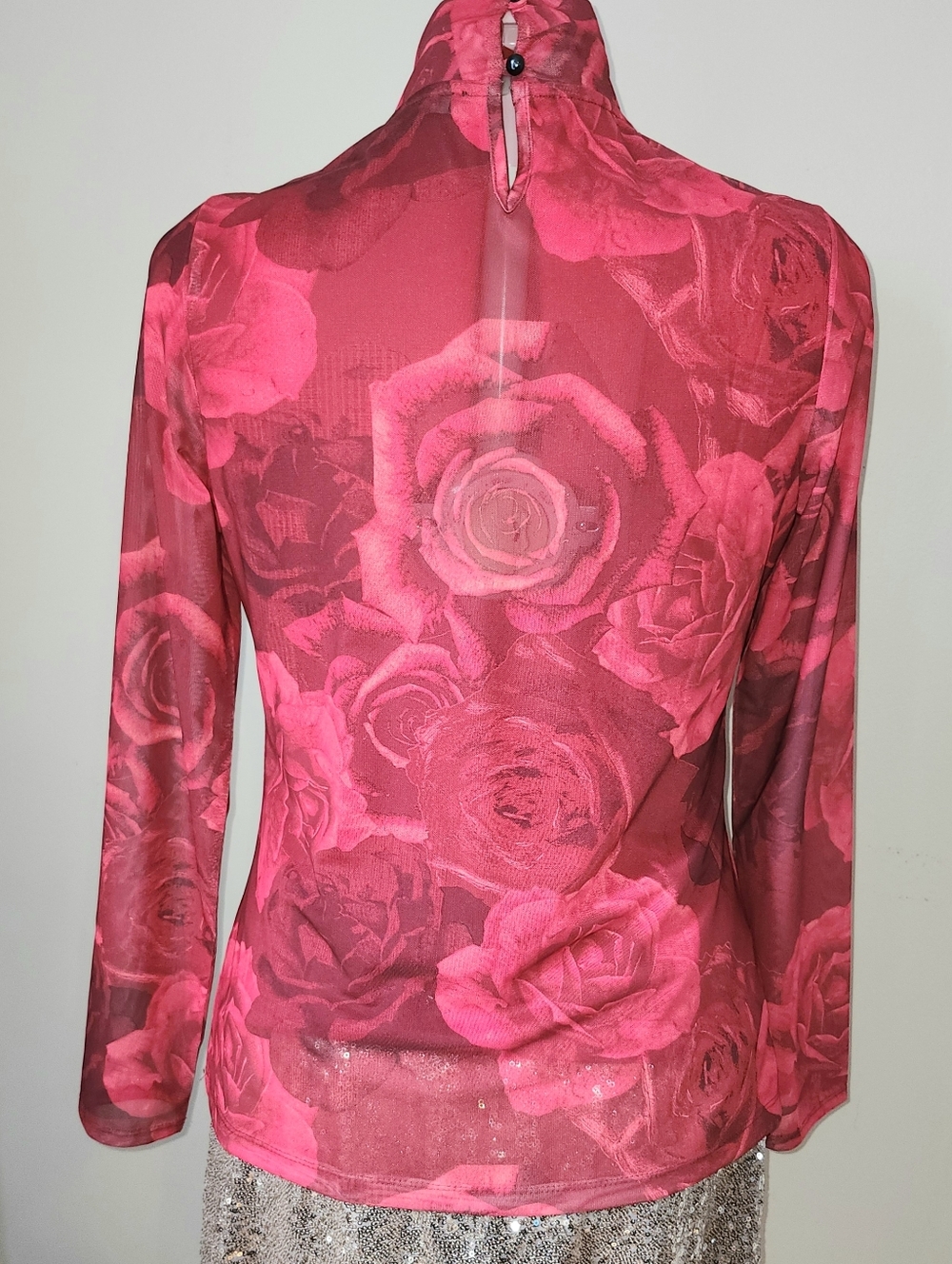 Red Rose Motif Sheer Mesh Mockneck Top With Attached Camisole - Picture 4 of 5